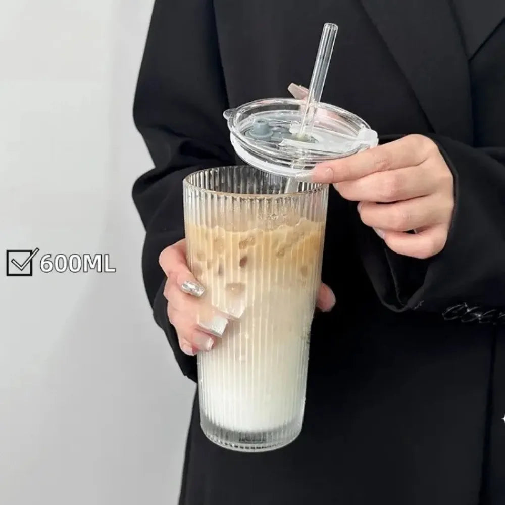 600ml Eco-Friendly Stripe Glass Cup with Lid and Straw - Smarsty