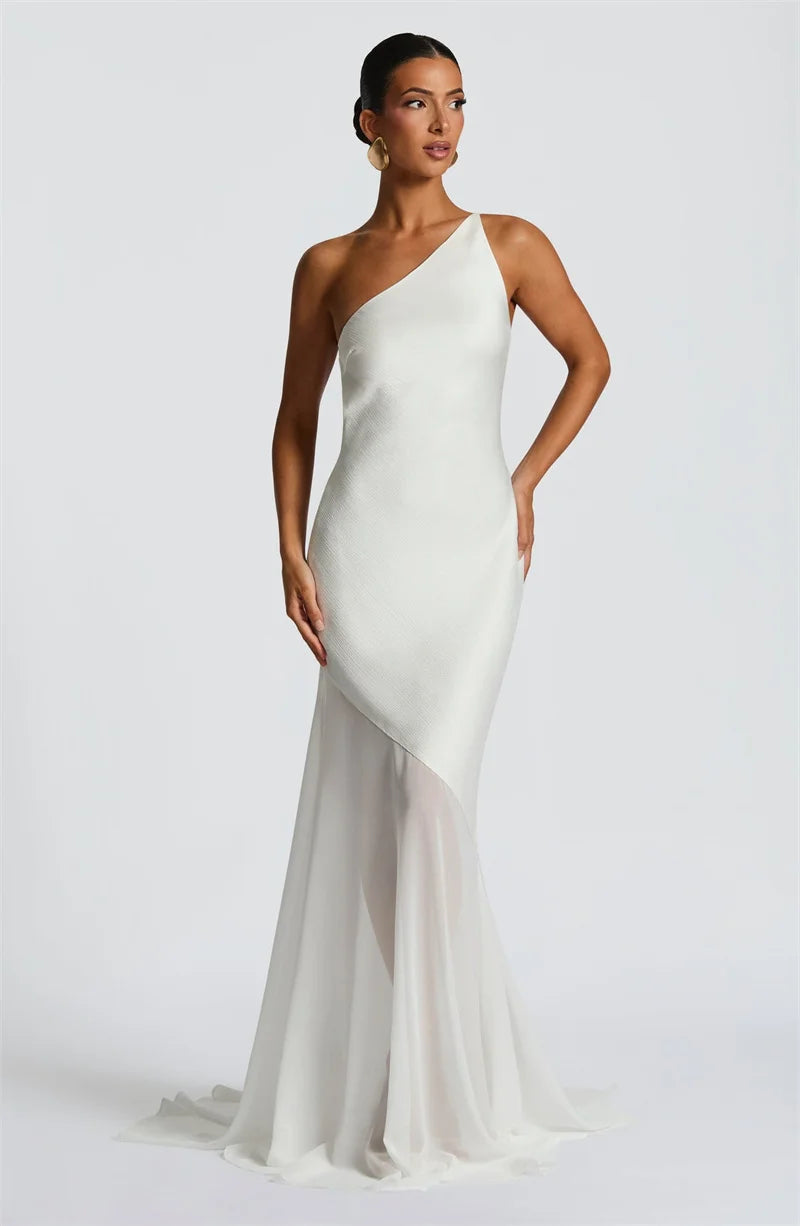 Mozision One Shoulder Backless Sexy Maxi Dress Women Gown Fashion Patchwork Sleeveless Bodycon Club Party Long Dress Elegant - Smarsty