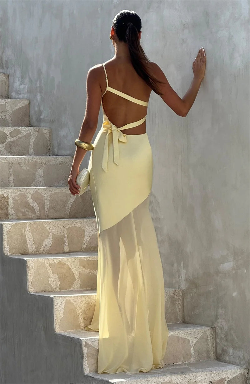 Mozision One Shoulder Backless Sexy Maxi Dress Women Gown Fashion Patchwork Sleeveless Bodycon Club Party Long Dress Elegant - Smarsty