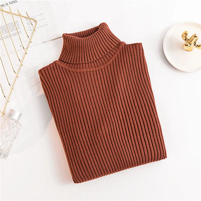 2025 Autumn Winter Women Long Sleeve Knitted Foldover Turtleneck Ribbed Pull Sweater Soft Warm Femme Jumper Pullover Clothes - Smarsty