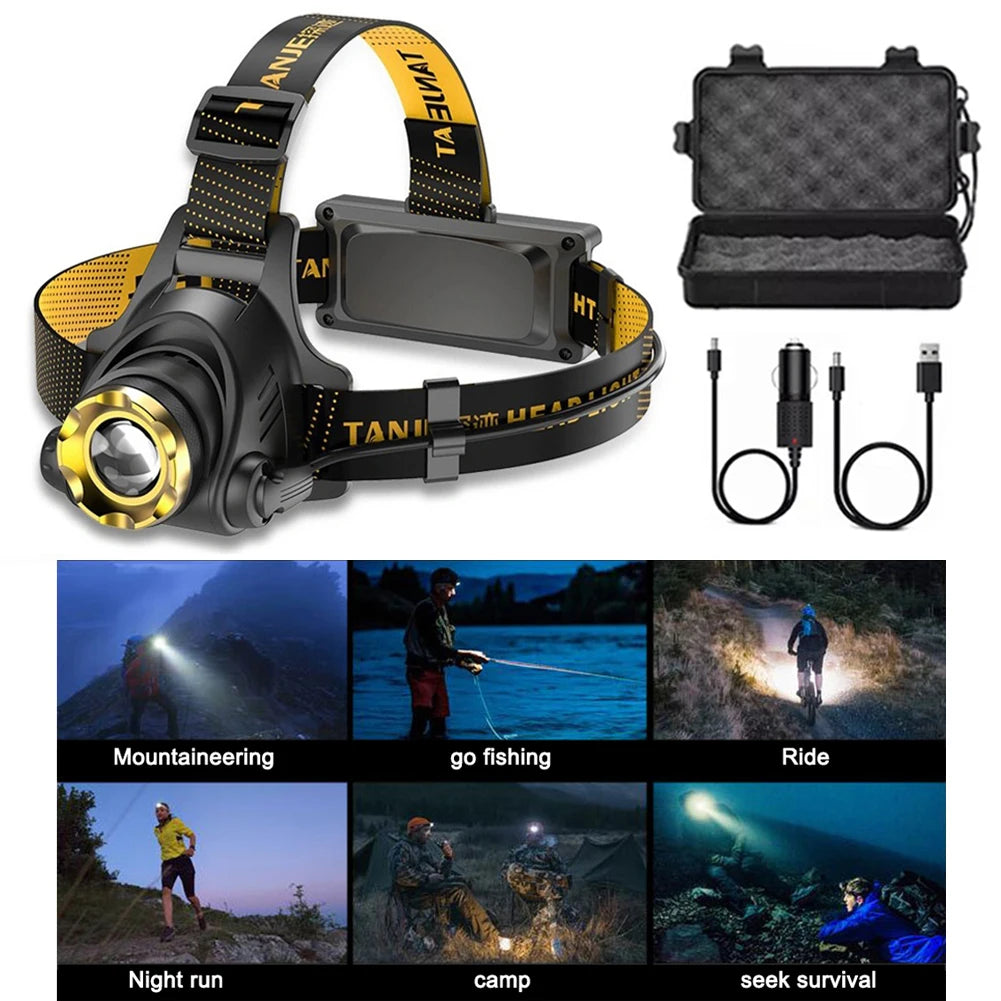 LED Super Bright Headlight USB DC Rechargeable Zoomable Head Flashlight Angle Adjustable 1200mAh for Camping Hiking Fishing