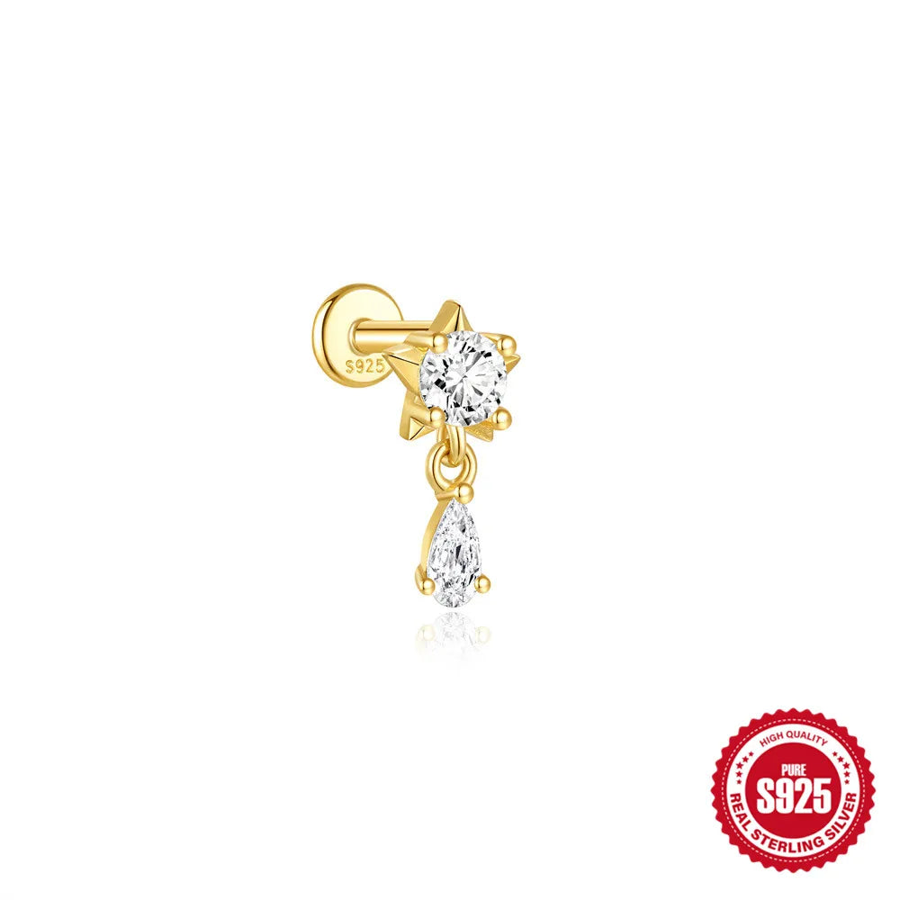 925 Silver Star Moon Zircon Stud Earrings Hypoallergenic - Smarsty