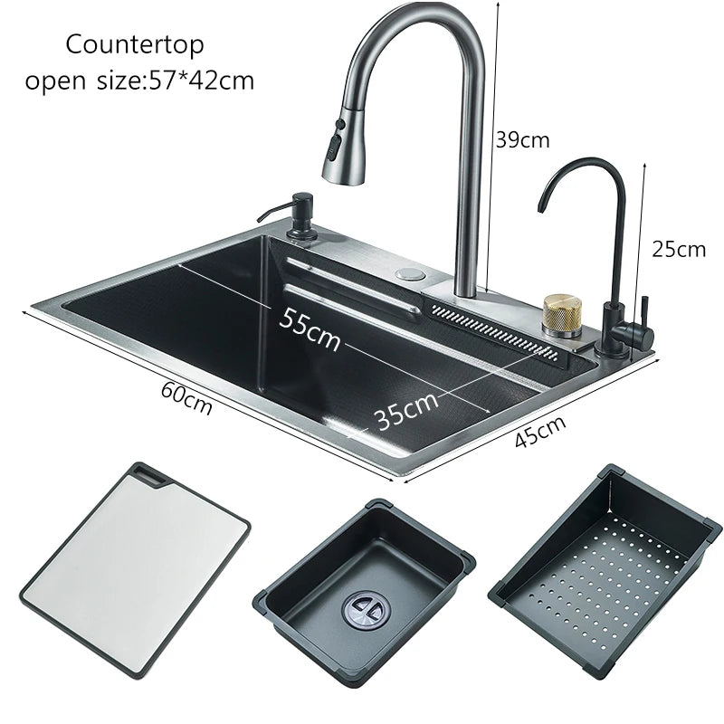 Large 304 Stainless Steel Waterfall Kitchen Sink with Faucet - Smarsty
