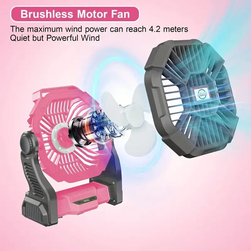 Charging + Lighting + Fan Three-In-One Electric Camping Style Fan with Led Lantern Portable Tent Fan with Rotating Function, Emergency Power Supply Function When Power Outage, Suitable for Barbecue or Travel Operating