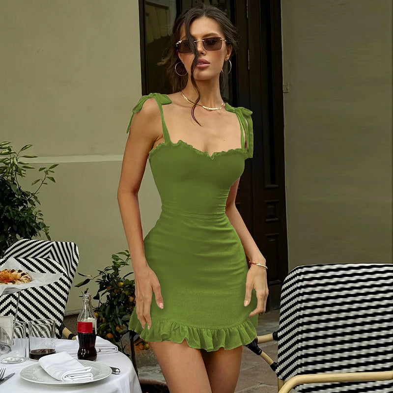 Hugcitar Elegant Solid Slips Ruffles Backless Bandage Patchwork Sexy Slim Mini Dress Summer Women Outfits Party Beach Festival - Smarsty