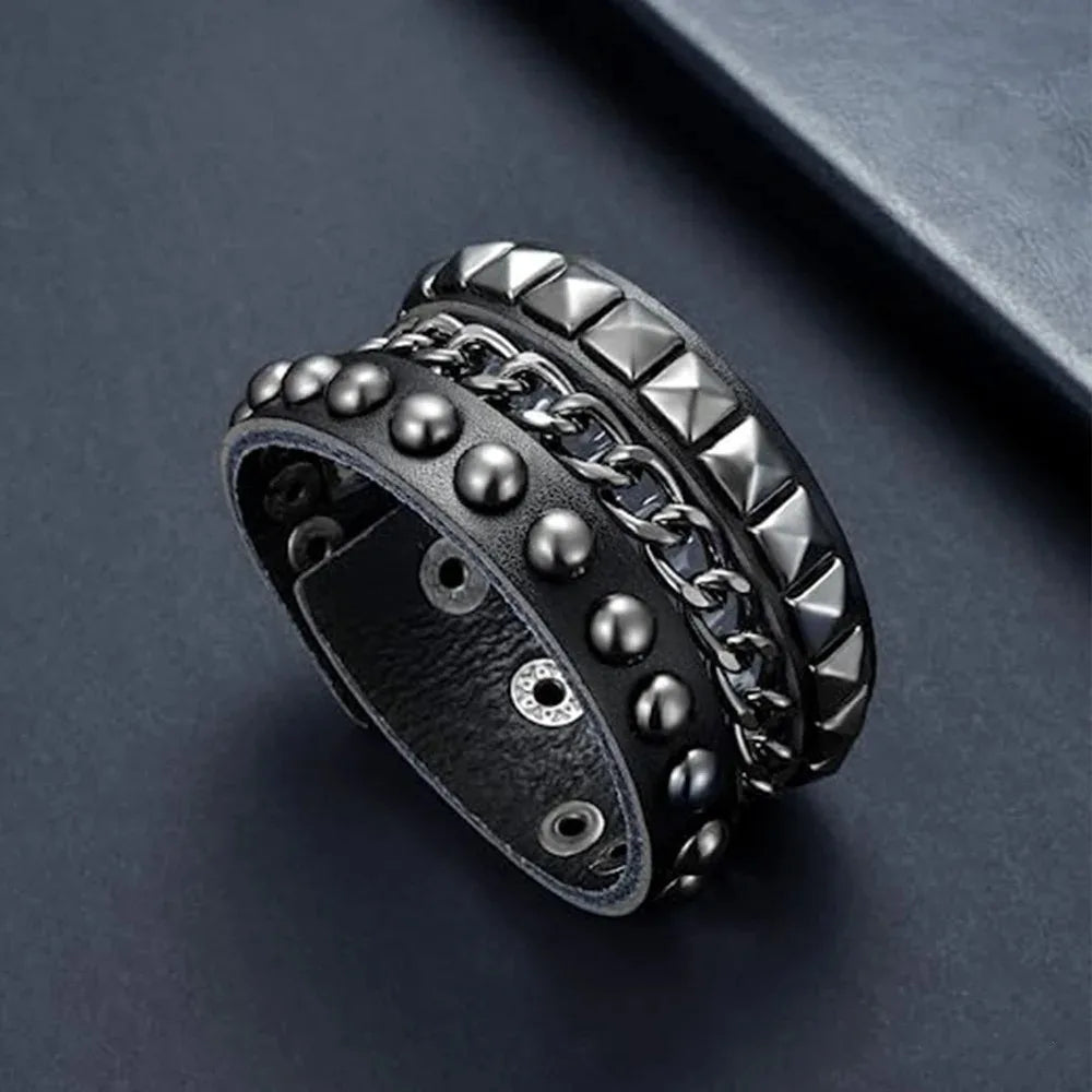Black Goth Leather Bracelets Set with Rivet Spikes - Smarsty
