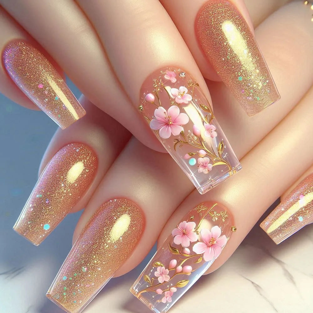 24 Piece Set Medium Long Press On Nails with Floral Design - Smarsty