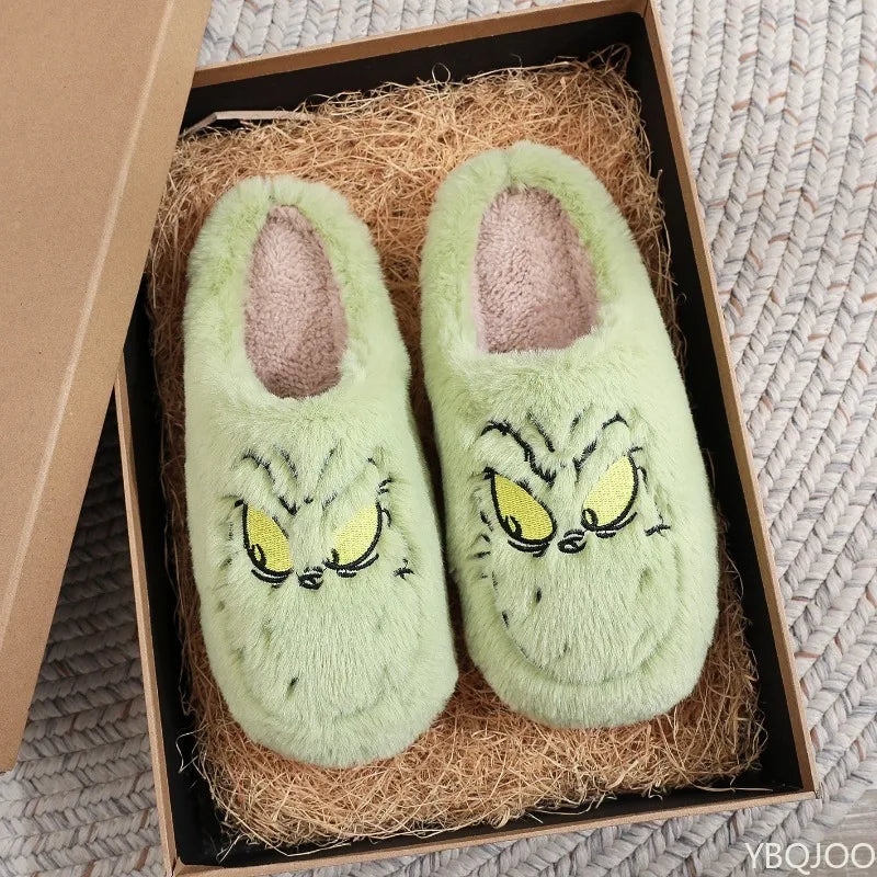 Autumn Winter Fashion New Plus Size Women's Home Slippers Indoor Lazy Green Fur Monster Plush Flat Bottom Comfortable Cotton Mop - Smarsty
