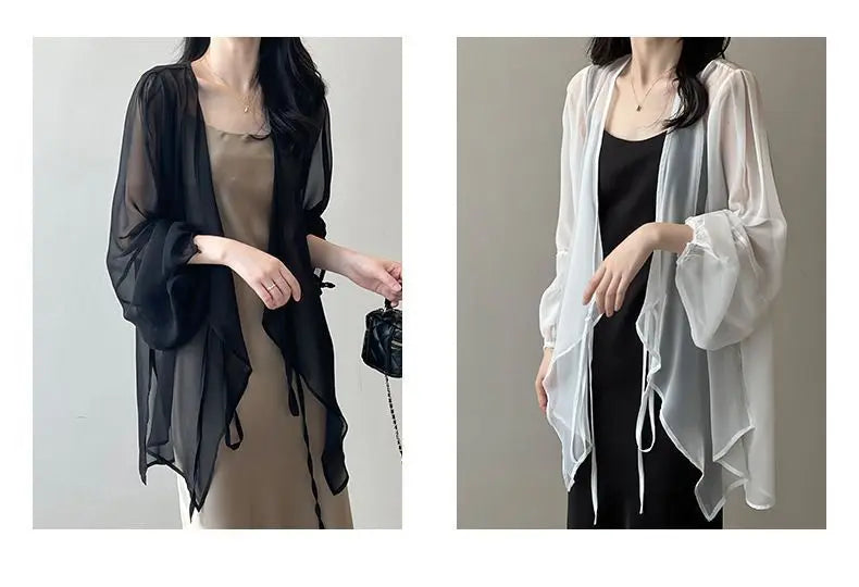 Shirts Women V-neck Loose Long Sleeve Open Stitch Korean Style Lace-up Simple Solid Summer Chiffon Breathable Minimalist Stylish - Smarsty