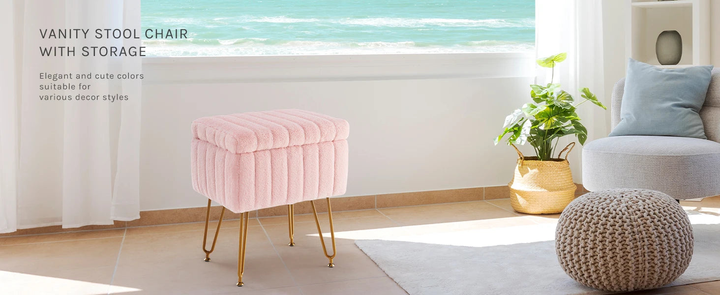 JHK Faux Fur Living Room Hidden Storage Stools & Ottomans Padded Makeup with 4 Metal Legs Anti-Slip Adjustable Feet for Home