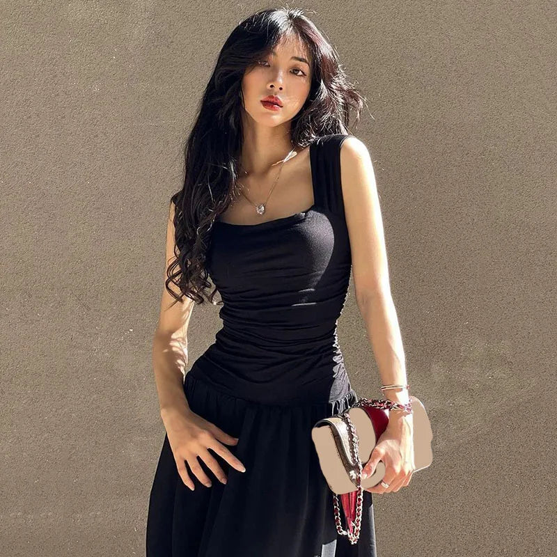 Black Wide Strap Maxi Dress for Women Summer Elegant Temperament High-Waist Party Long Dresses Sexy Ruched Bodycon Midi Dress