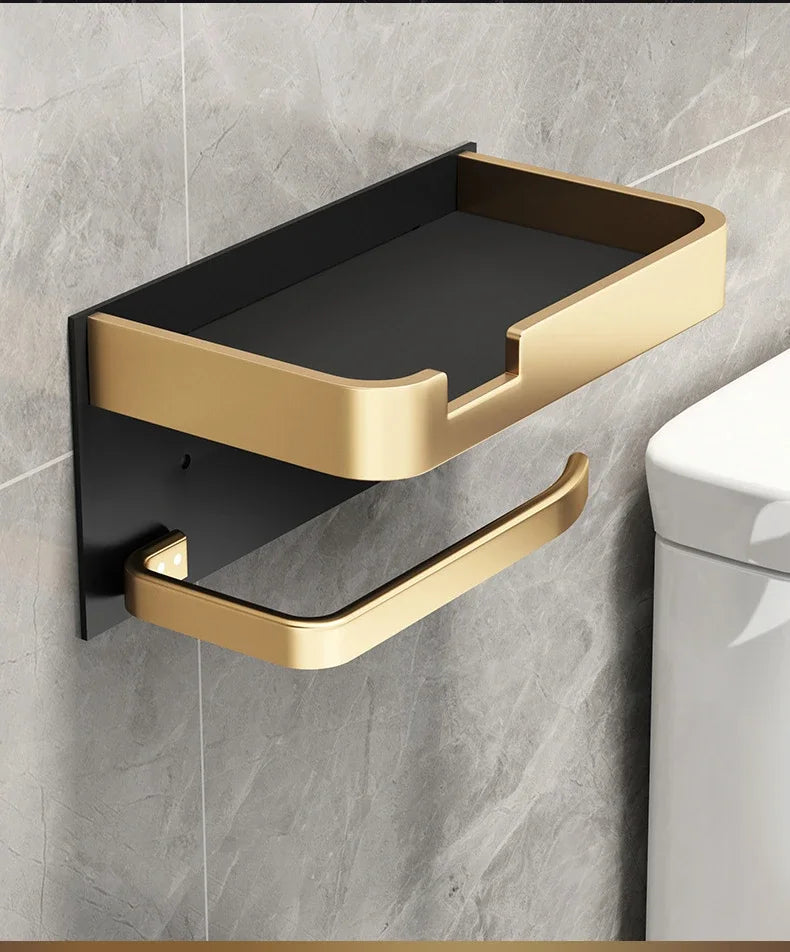 Black Gold Wall Mount Toilet Paper Holder with Shelf - Smarsty