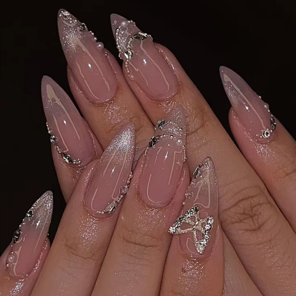 24Pcs Pink Almond False Nails with French Design - Smarsty