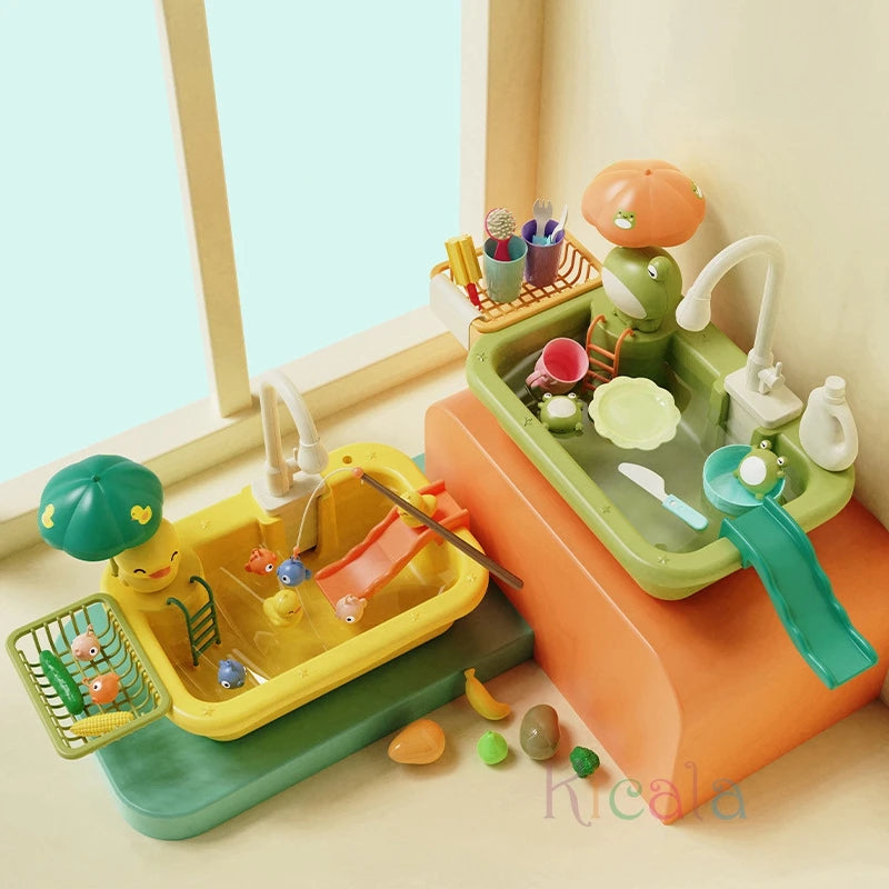 Kids Kitchen Sink Toys Electric Dishwasher Playing Toy With Running Water Pretend Play Food Fishing Toy Role Playing Girls Gift by Smarsty