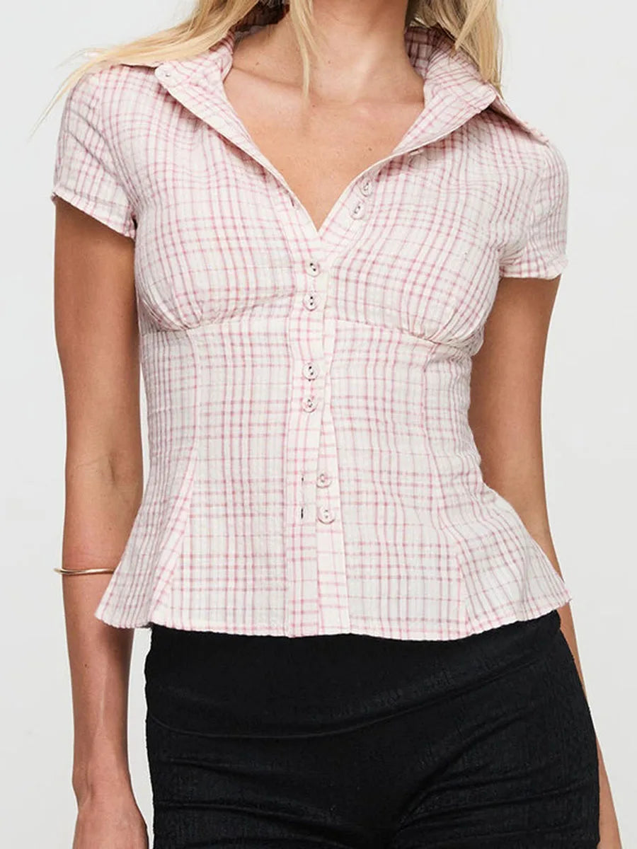 hirigin Women's Y2K Short Sleeve Plaid Button Down Shirt Button Down Blouses Tops Casual Summer Shirt Tops 90s Streetwear - Smarsty