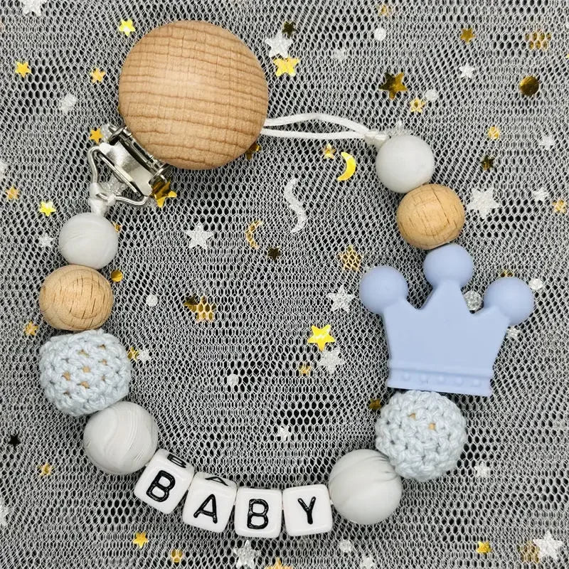 NEW Custom Personalized Name Pacifier Clip Handmade Beech Wooden Chain Silicone Crown Holder Soother Baby Teething Toy Chew Gift by Smarsty