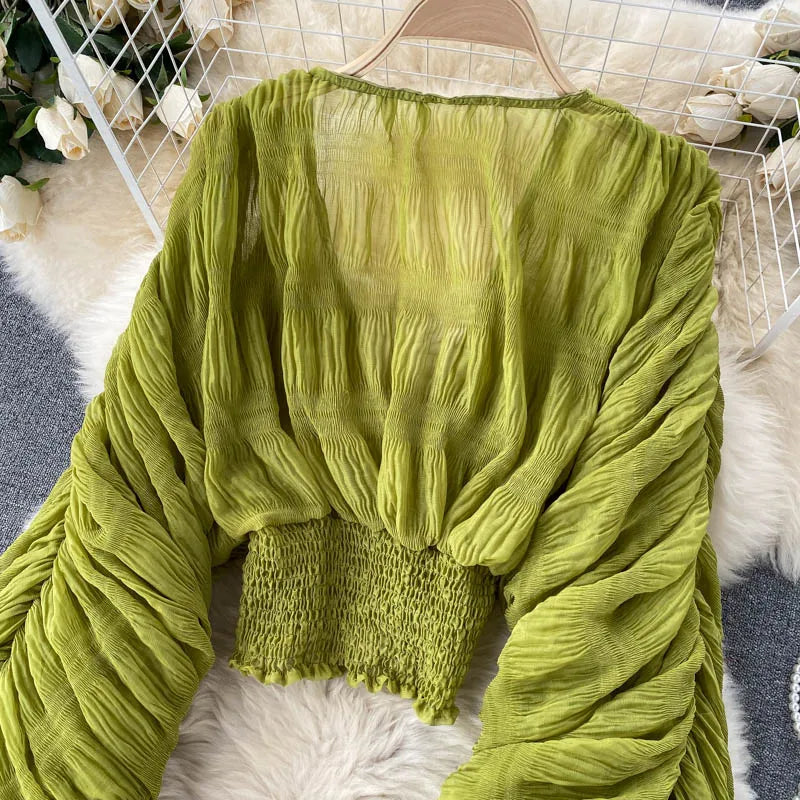 Women Sexy Chiffon Short Blouse Female See Through Super Long Sleeve Blusas Purple/Green/Black/White Folds Party Tops 2022 New - Smarsty