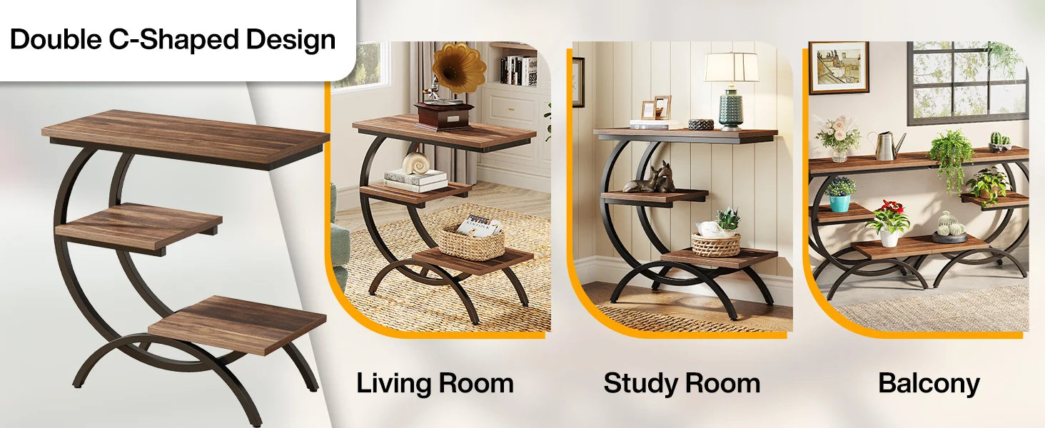 Tribesigns C-Shaped End Table, Industrial 3-Tier Small Table for Couch, Wood Bedside Table Snack Table with Storage Shelves
