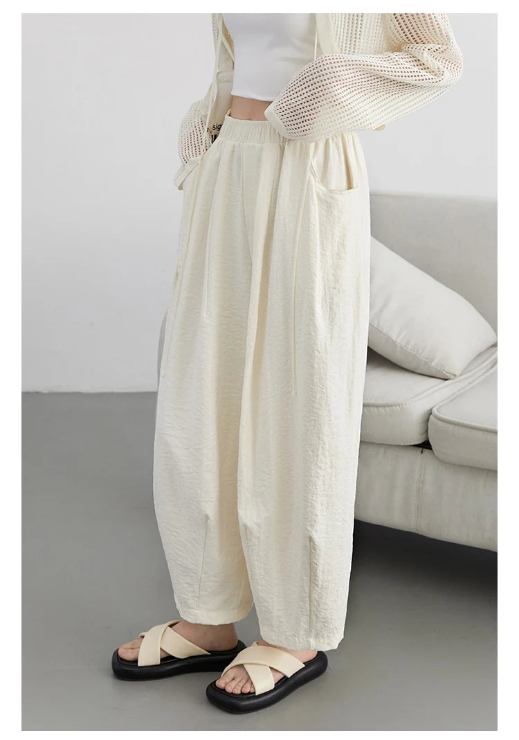 CHIC VEN Women White Pants Solid Casual Elastic Waist High Waisted Pleated Wide Leg Female Trousers Fold Summer 2025 Clothing - Smarsty