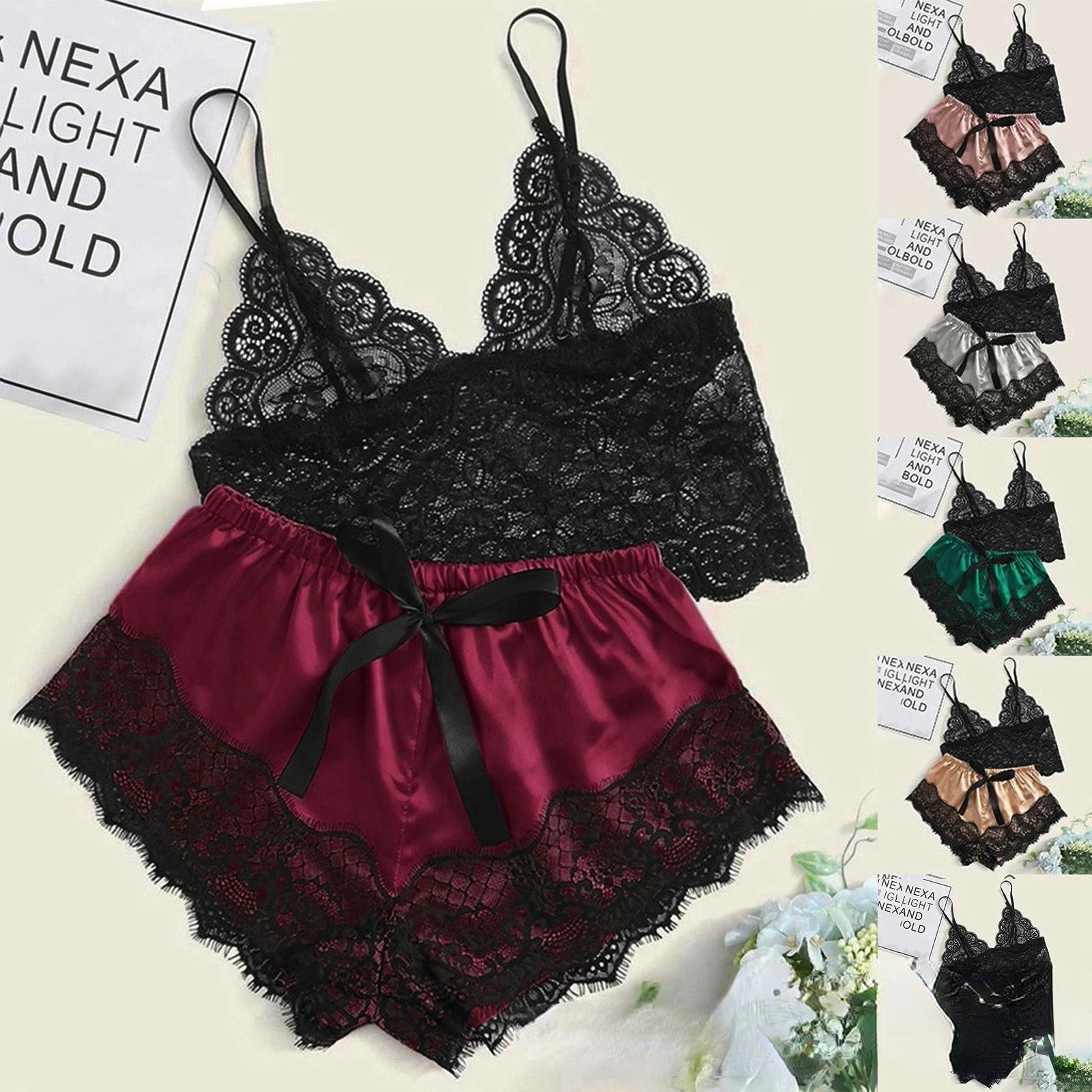 Pajama Sets Sexy Pajamas for Women 2 Pieces Top Shorts Set Sleepwear Clothes Lace Pajamas Underwear Lingerie - Smarsty