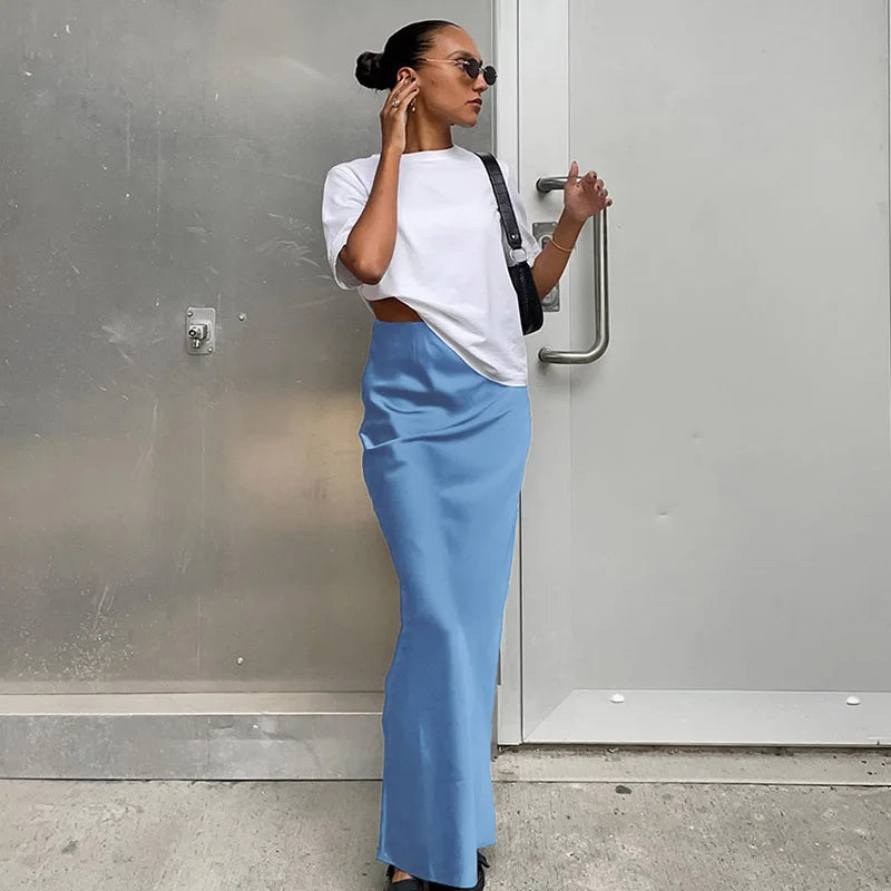 Elegant Satin Black Trumpet Skirts Fashion Slim High Waist Skirts Women Female Solid Office Long Skirt Spring Summer - Smarsty