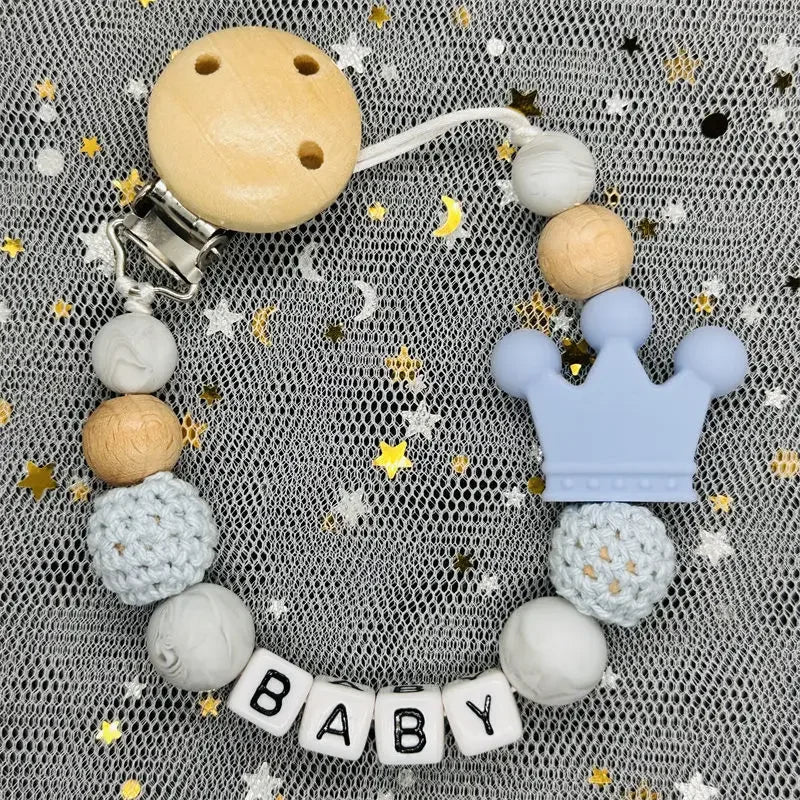 NEW Custom Personalized Name Pacifier Clip Handmade Beech Wooden Chain Silicone Crown Holder Soother Baby Teething Toy Chew Gift by Smarsty