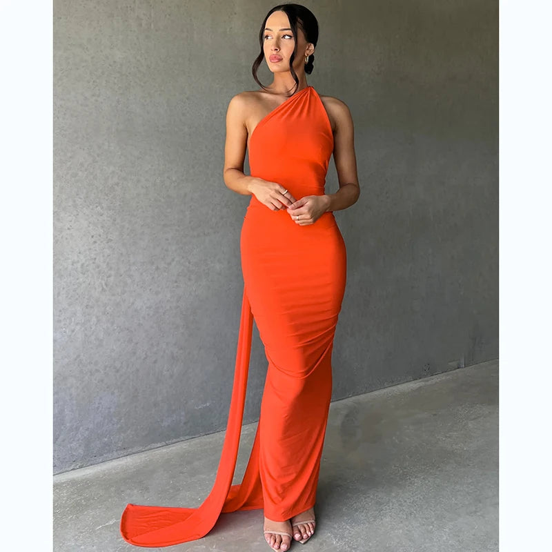 Hugcitar One Shoulder Backless Adjustable Scarf Loop Ruched Sexy Maxi Dress Women Elegant Y2K Streetwear Festival Outfit - Smarsty