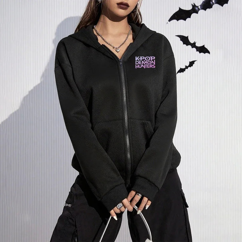 K-pop Anime Pattern Hoodies Women's Zip-up Jacket Autumn Winter Daily Casual Fashion Hooded Coat Demon Hunter Printed Sweatshirt - Smarsty