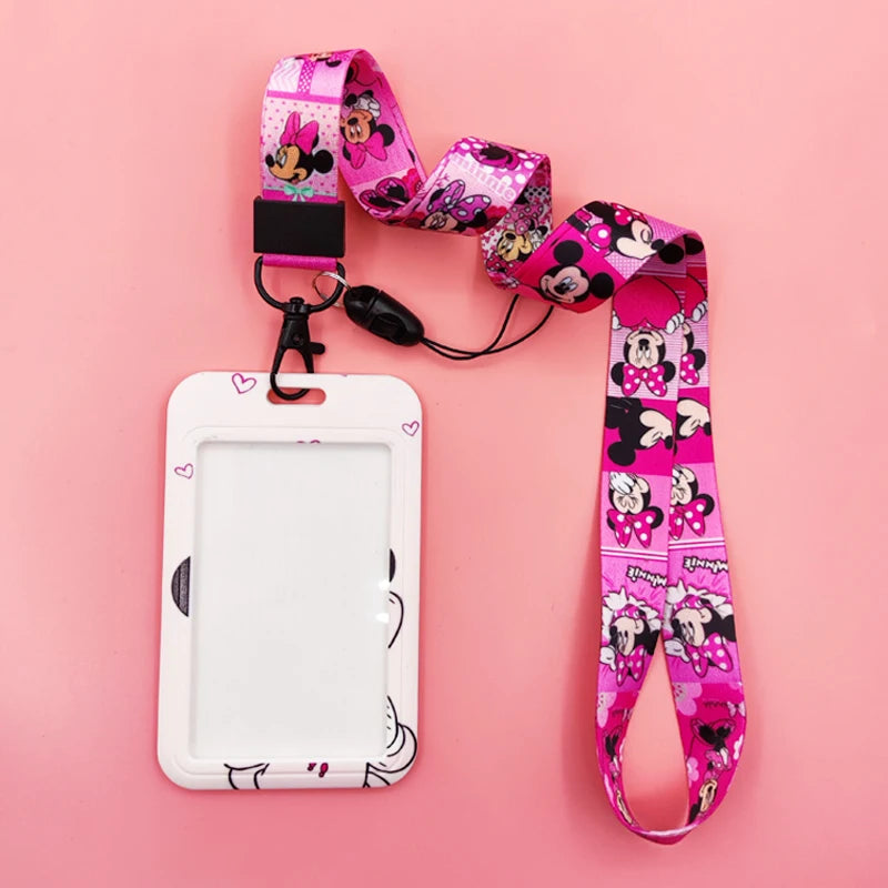 Disney Pink Lanyard ID Badge Holder Mickey Credit Card Case Neck Strap Minnie Card Holders Girl Credentials Accessories Keychain