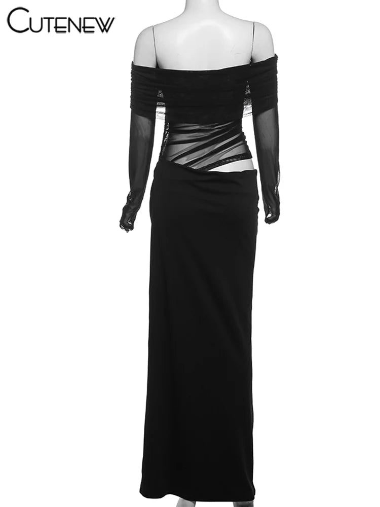 Cutenew Mesh Ruched Women Maxi Dress Sexy See Through Off Shoulder Long Sleeve Sheath Vestidos Female Midnight Party Solid Robe - Smarsty