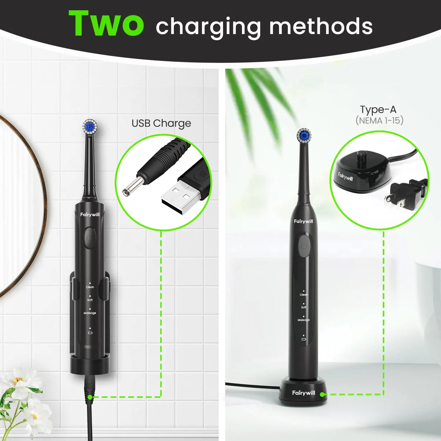Fairywill Electric Toothbrush T2233Powerful Rotation Cleaning 4 Replacement Heads Rechargeable Sonic Toothbrush for Adults - Smarsty
