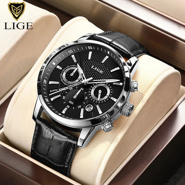 LIGE Luxury Men's Leather Sport Watch with Chronograph - Smarsty