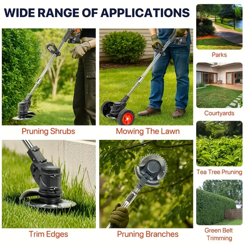 Wireless portable weed trimmer for lawn trimming. The trimmer is equipped with 2 lithium batteries and comes with replaceable bl