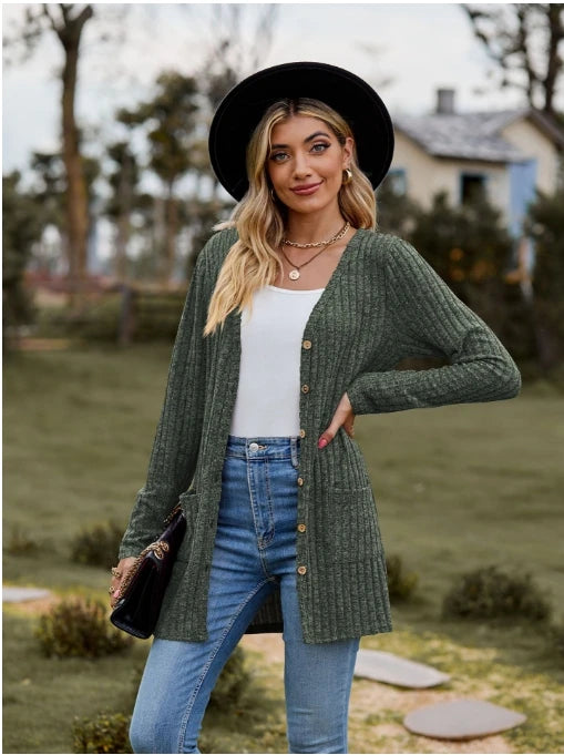 Autumn New Women's Milled Pit Stripe V-Neck Solid Colour Button Long Sleeve Ladies Casual Extensions Cardigan Jacket Coat - Smarsty