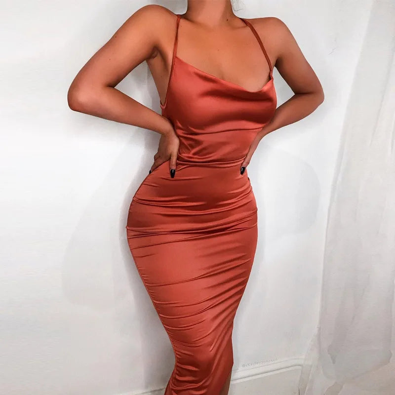 Neon Satin Lace Up Women's Long Midi Dress Light Pink Bodycon Backless Elegant Party Sexy Club Clothes 2022 Summer Dinner Outfit - Smarsty