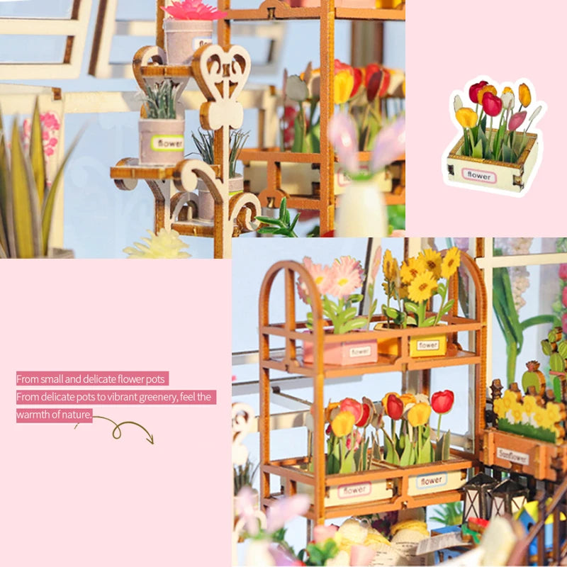 Wooden Flower Garden Doll House DIY Garden House Book Nook Shelf Insert 3D Puzzle Assembly Building Bookshelf With LED Lights
