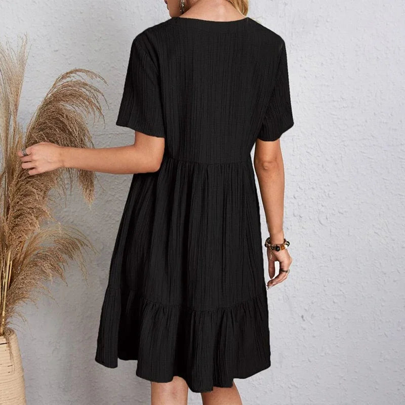 2025 Loose V-neck Short Sleeved Pleated Women Dress Solid Color A-line Beach Dresses Elegant Simple Comfortable Woman Clothing - Smarsty