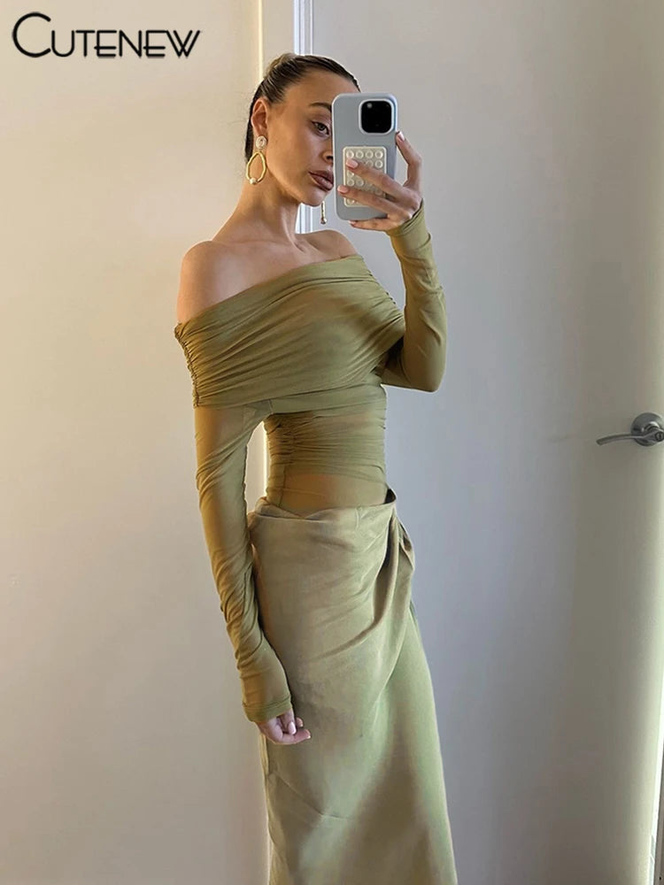Cutenew Mesh Ruched Women Maxi Dress Sexy See Through Off Shoulder Long Sleeve Sheath Vestidos Female Midnight Party Solid Robe - Smarsty