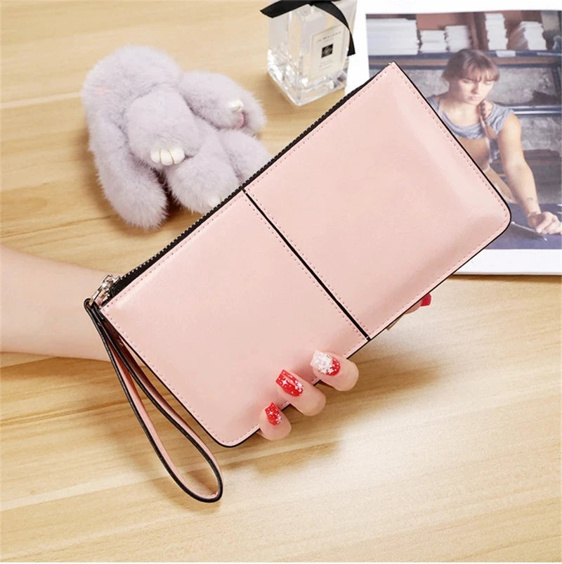 Women's Vintage Oil Wax PU Leather Clutch Wallet Female Large Capacity Phone Purse Ladies Wristband Simple Card Holder Pouch Bag