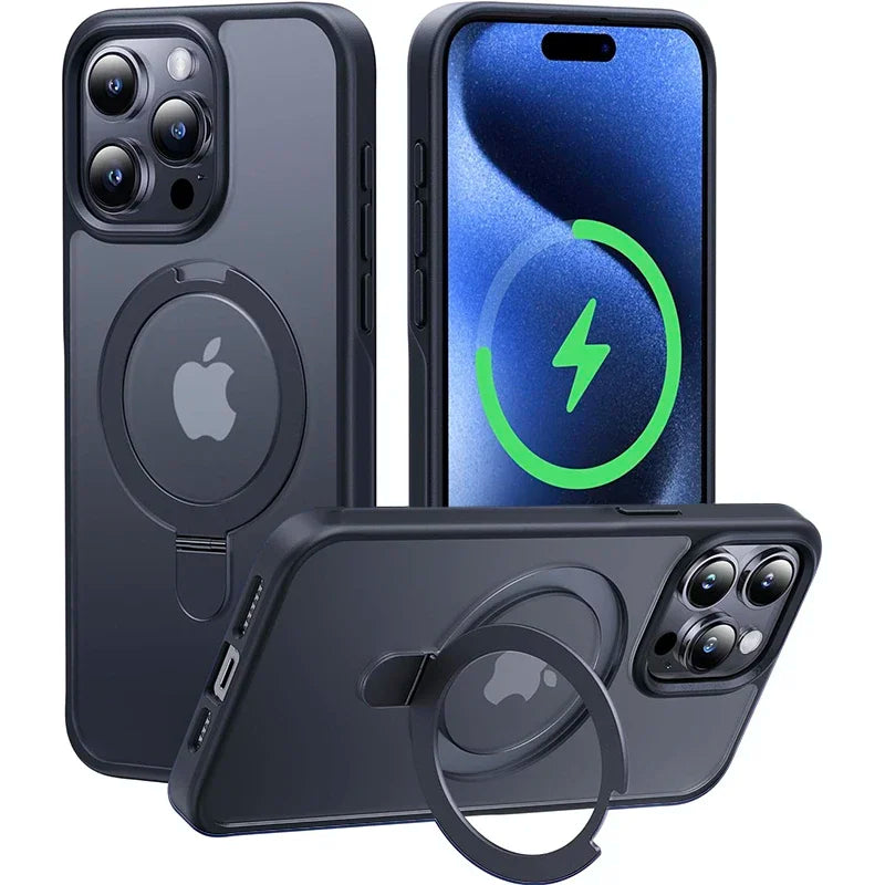 Metal Ring Stand Matte Magnetic Case for Magsafe IPhone 17 Air 15 14 13 12 11 16 Pro Max Plus with Lens Protector Mac Safe Cover