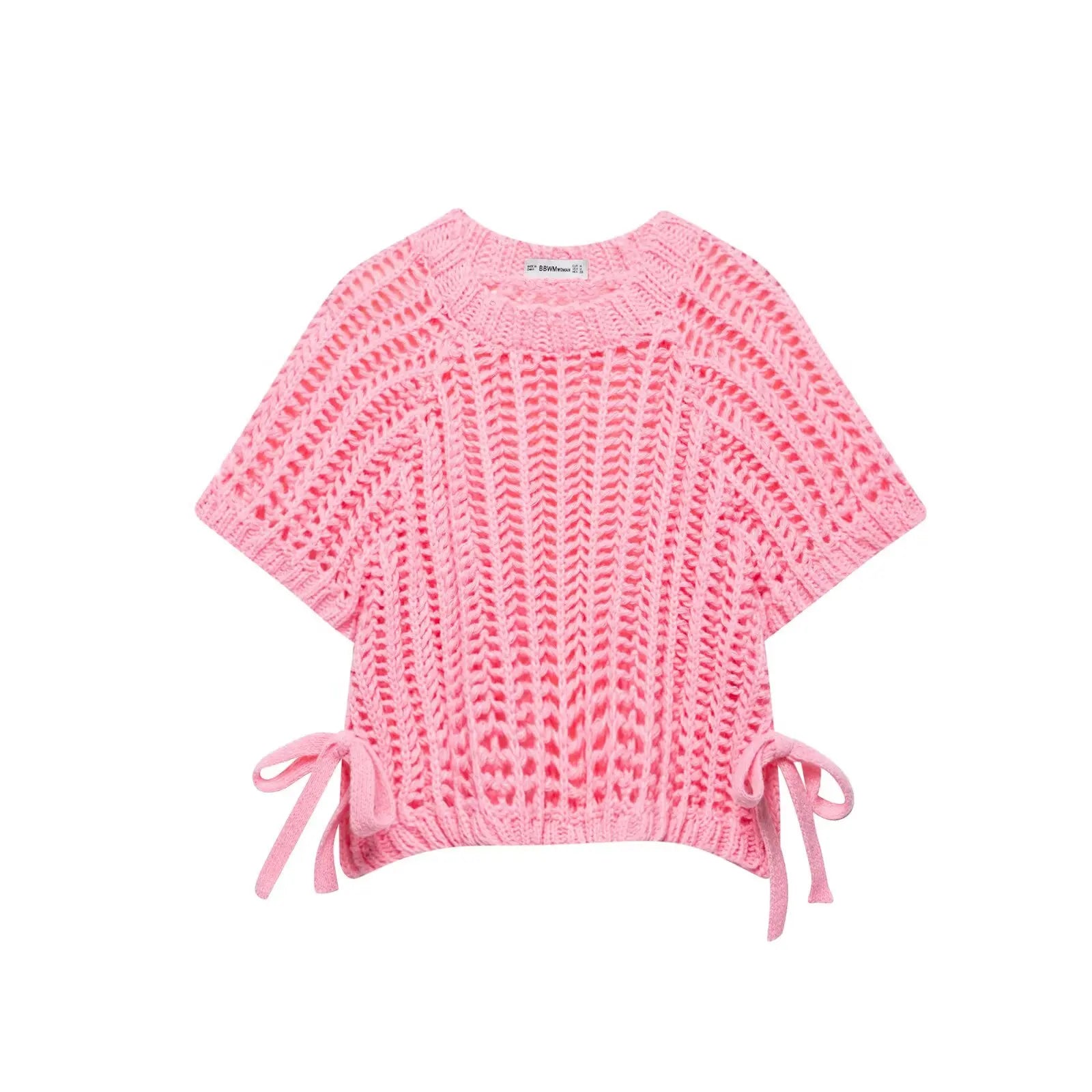 Hollow Out Knit Pullover Women Casual Round Neck Lace Up Bow Sweater Female Autumn Short Sleeves Solid Knitwears Lady - Smarsty