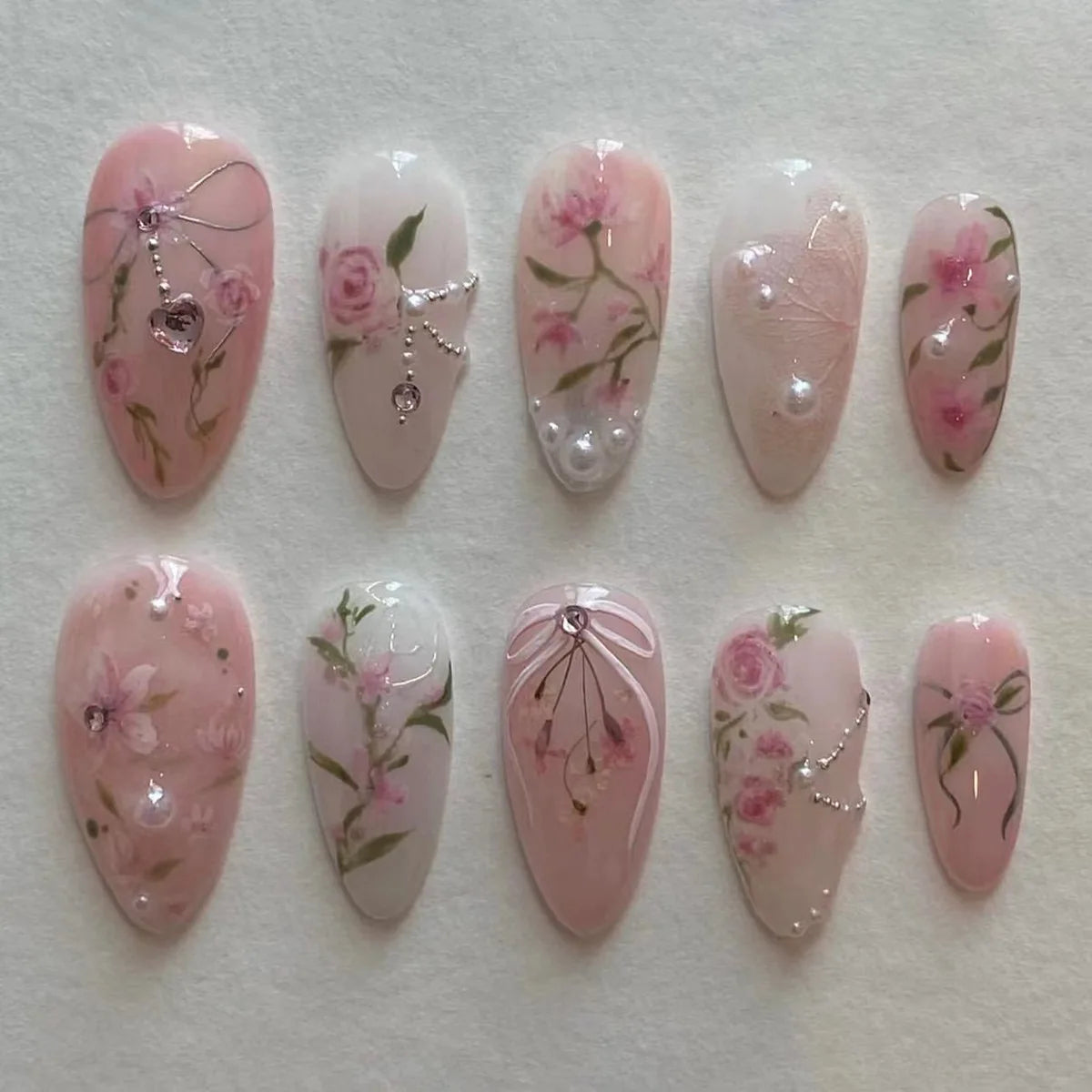 24 Piece Pink Almond Fake Nail Set With Bowknot Design - Smarsty
