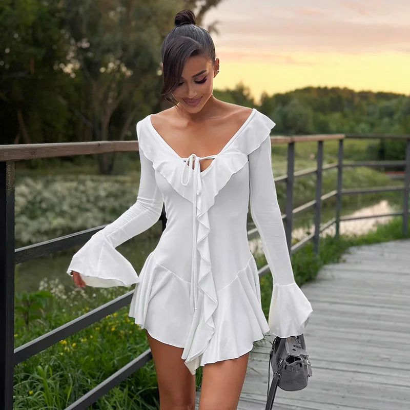 Tossy Ruffled Lace-Up White Mini Dress Women's V-Neck Patchwork Long Sleeve Sexy Slim Dress Bandage Elegant Female Summer Dress - Smarsty