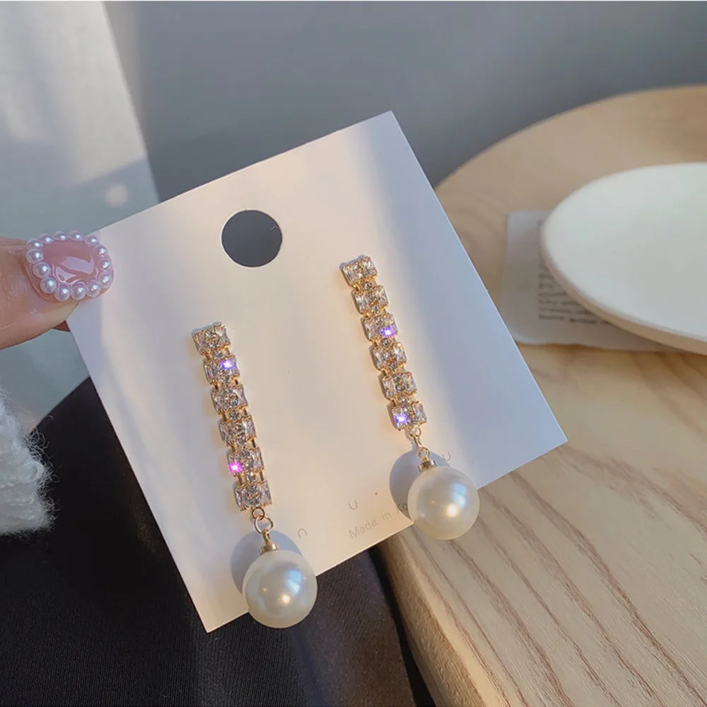 Pearl Long Earrings With Rhinestones For Wedding Fashion - Smarsty