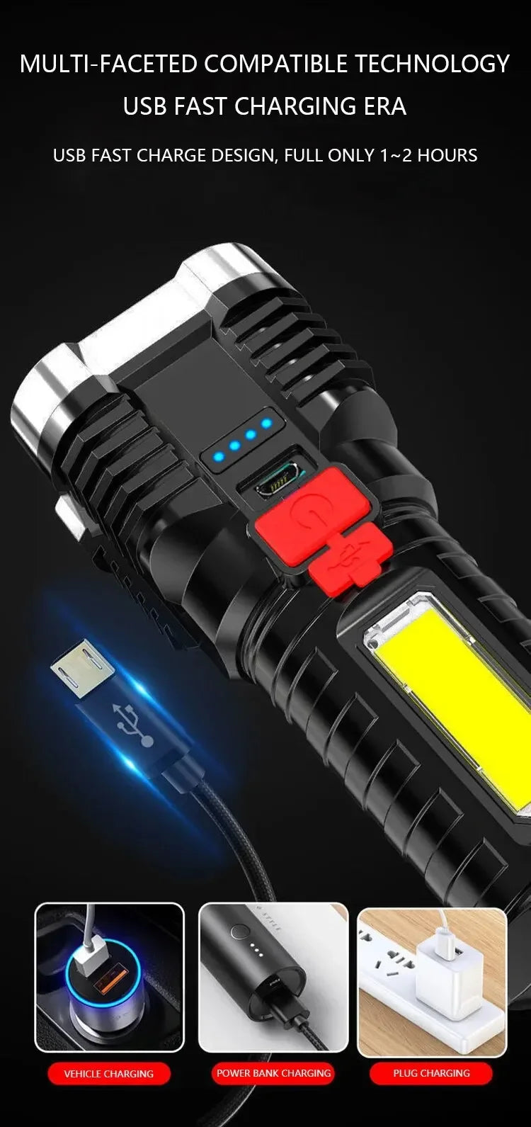 5LED High Power Led Flashlights Rechargeable Camping Spotlight with Side Light 3 Lighting Modes for Camping Adventure Outdoor - Smarsty
