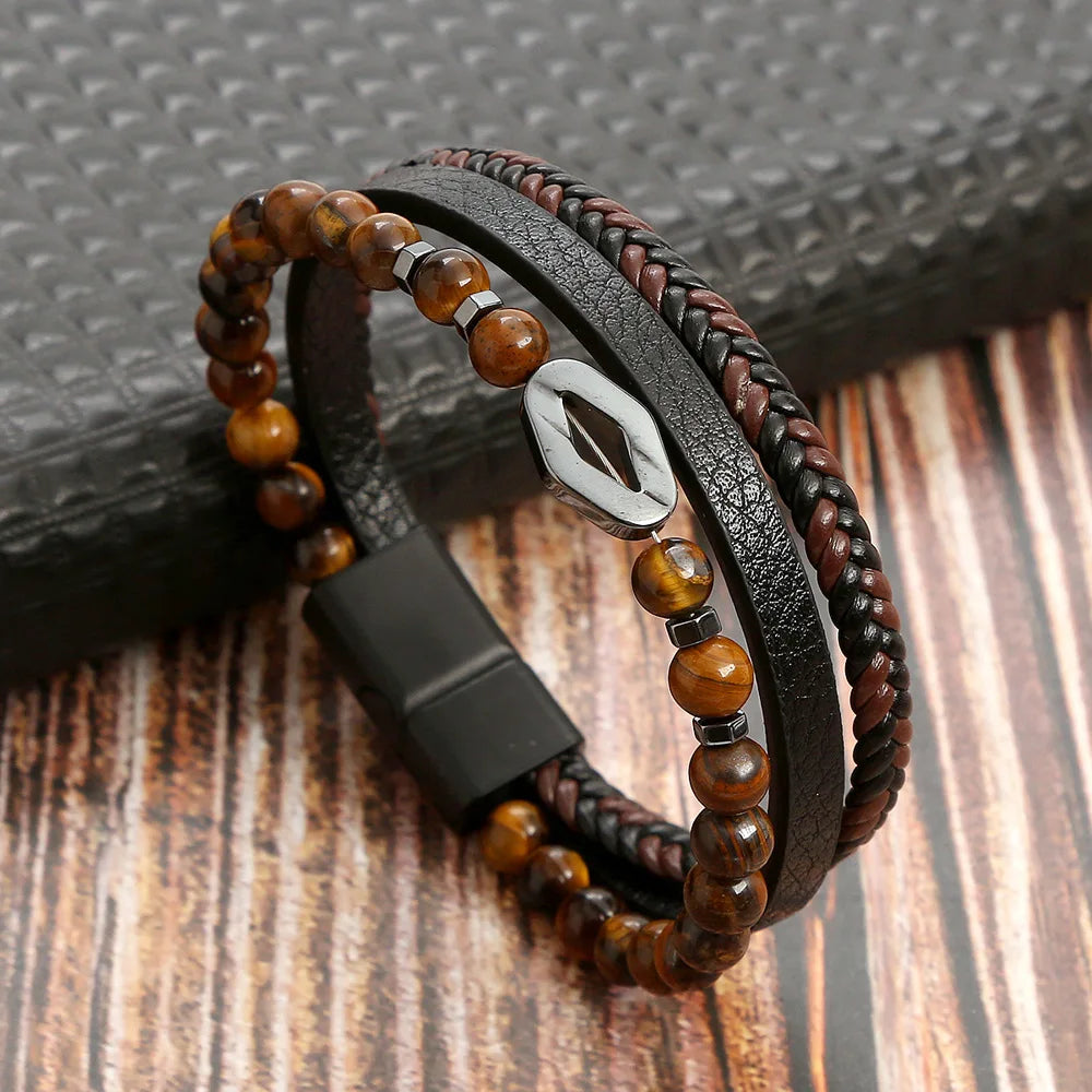 Men Leather Bracelet with Tiger Eye Beads Stylish Gift - Smarsty