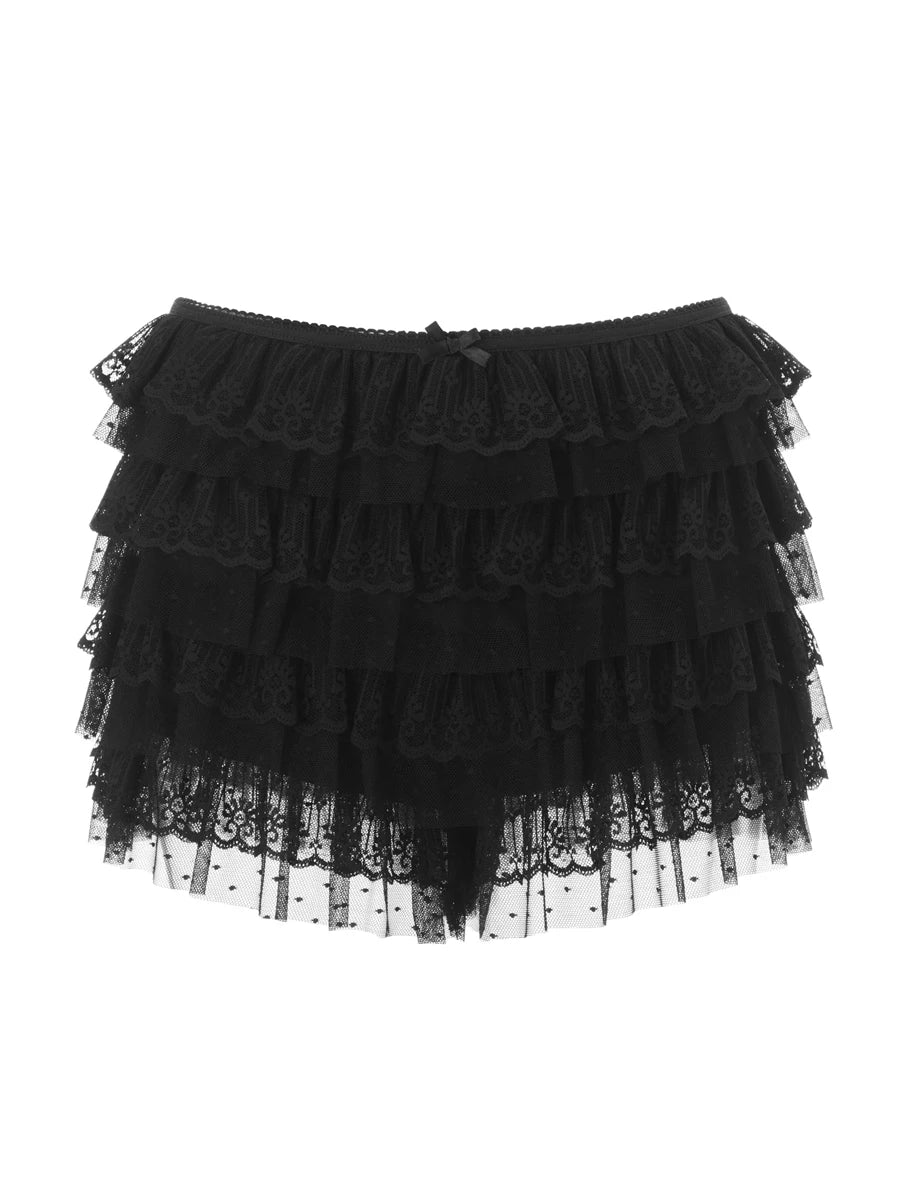 Women Mesh Lace Bloomer Shorts Y2k Layered Ruffle Frilly Booty Shorts Fairy Bowknot Sexy Boy Shorts Panties Party Clubwear - Smarsty