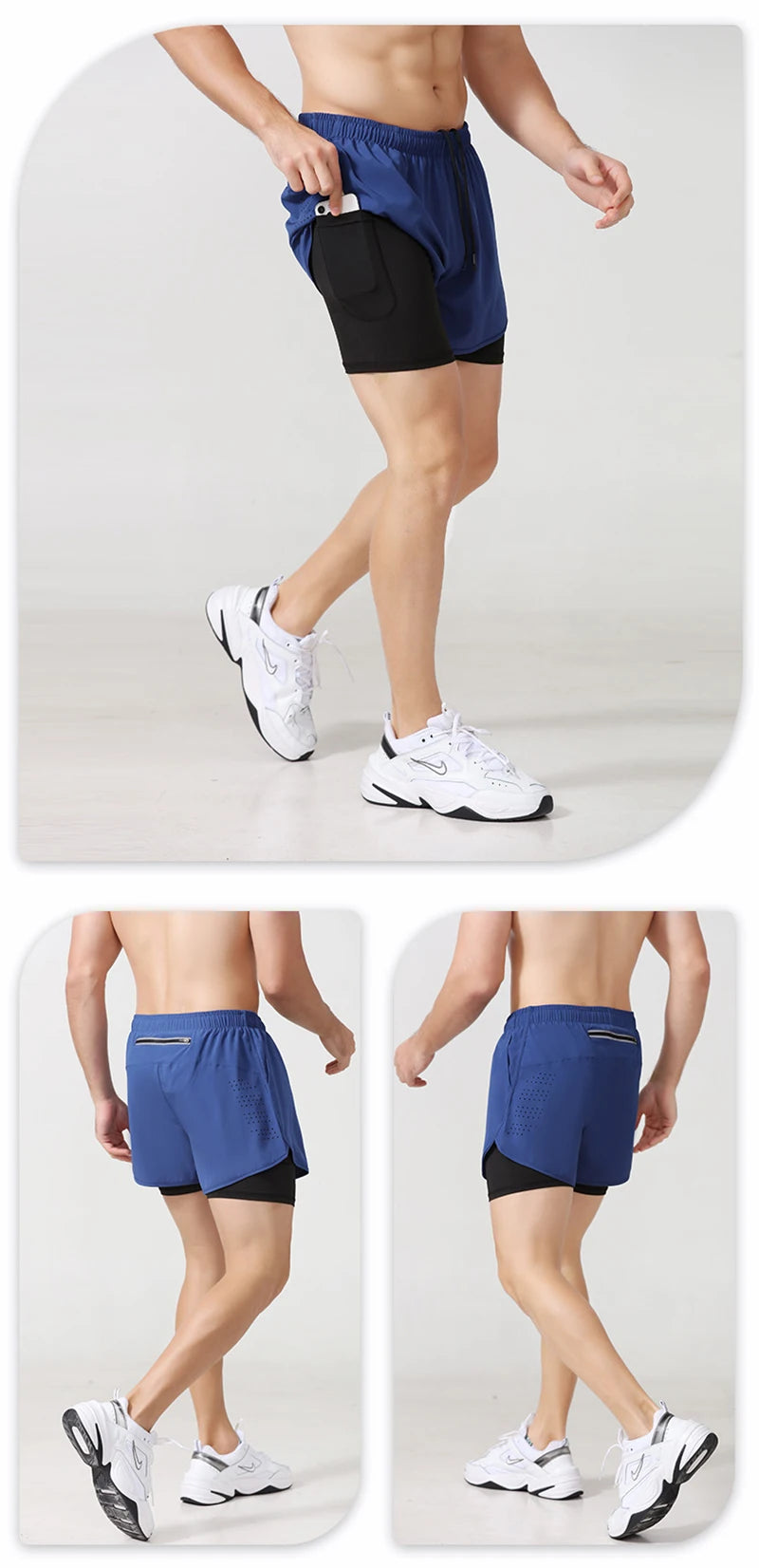Men's Running Shorts Quick-drying Fitness Black Double Layer Shorts Men New Sport Workout Training Bodybuilding Short Pants - Smarsty