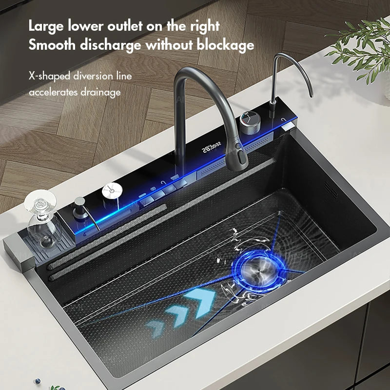 Large Stainless Steel Kitchen Sink with Digital Faucet Display - Smarsty