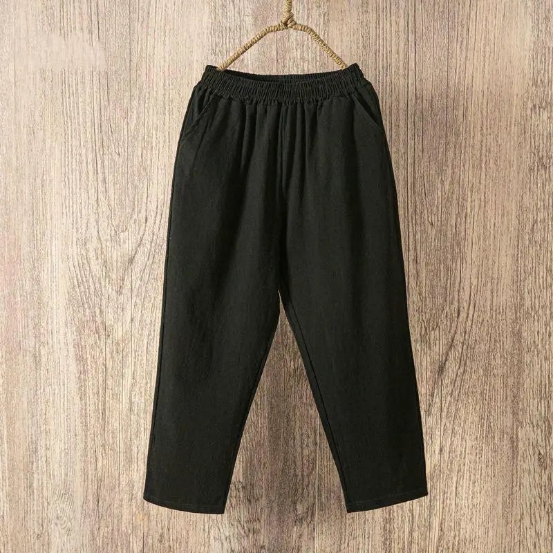 Women Summer Casual Loose Harem Elastic Waist Cotton Linen Pants Ninth Trousers - Smarsty